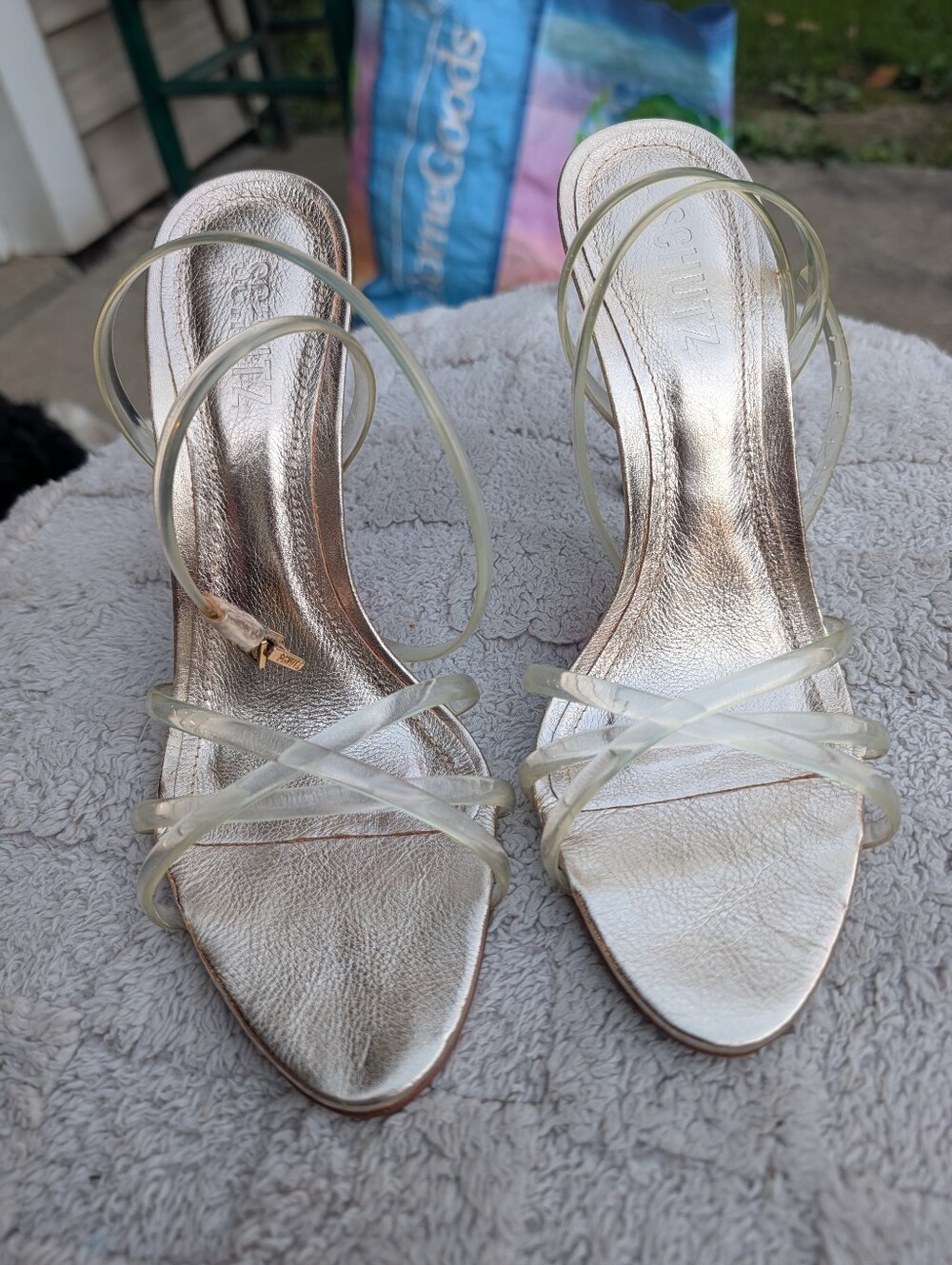 Schutz Gold Leather Clear Straps Heels Size 8